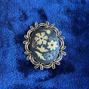 Vintage Damascene Toledo Gold Spain Birds & Flowers  Enamel Pin Brooch